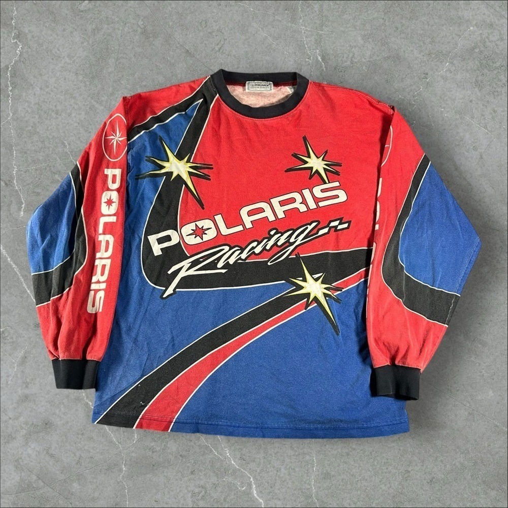 Vintage Polaris Shirt Mens Large Red Blue Colorblock AOP Racing Endura Motocross